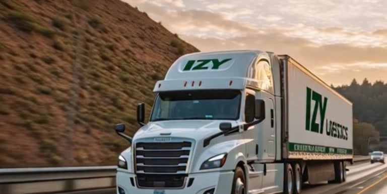Izy Logistics dry van truck driving down a highway 
