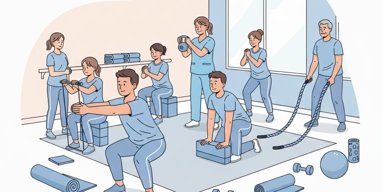 Grupo realizando ejercicio funcional terapéutico en Clínica Ikaika Salud Albacete