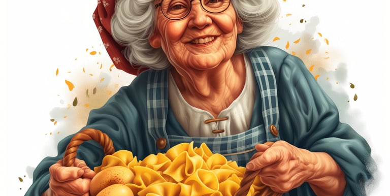 alt="Mascotte grand-mère pour marque de pâtes - Création CCA Studio"
