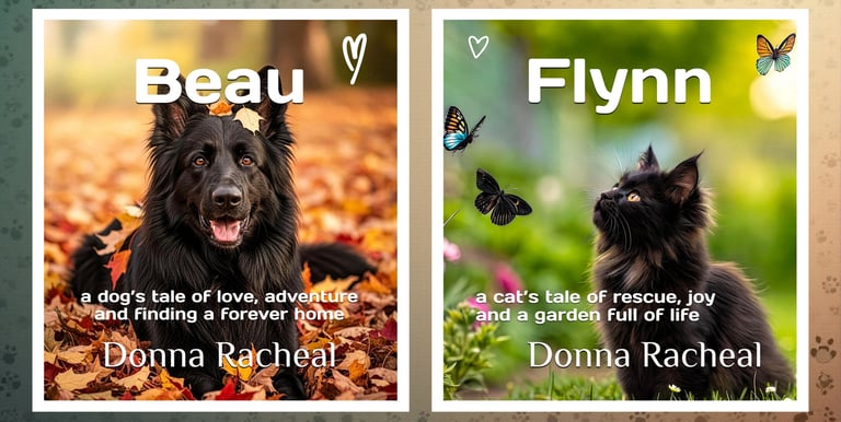 Two animal rescue book covers featuring a black dog in autumn leaves and a black cat with butterflies.