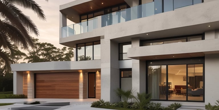 A modern, luxury home with angular lines, concrete exterior with glass, wood accents, and black trim