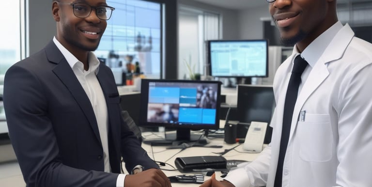 Engineers collaborating over digital infrastructure plans in a bright office space.
