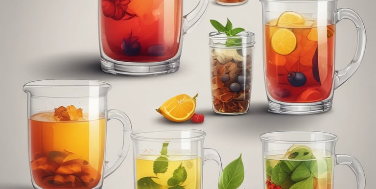 An assortment of laboratory glassware filled with various beverages.