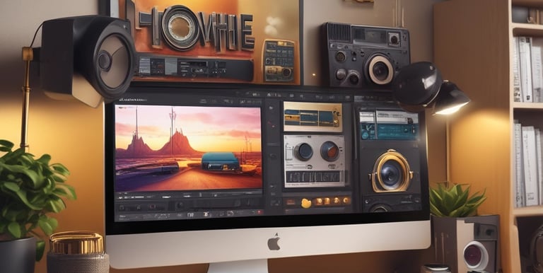 A conference room setting with several laptops on a large table, each being used by a person. A large screen displays a blue interface with the text 'Generate ad creatives from any website with AI'. A stainless steel water bottle and a conference phone are also visible on the table.