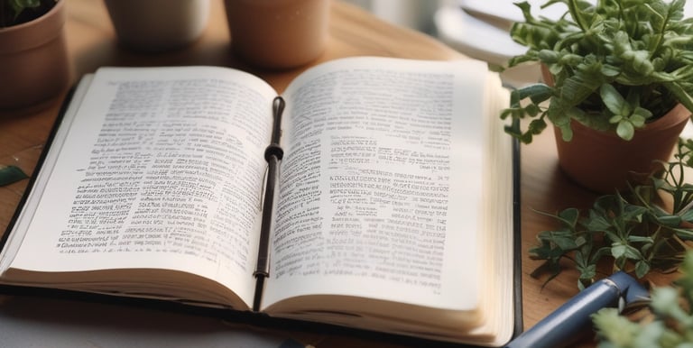 An open Bible and a book titled 'Becoming a Millionaire God's Way' are placed on a wooden table. There is a cup with the Starbucks logo, handwritten notes on a notecard, a pen resting on the Bible, and a black leather chair partially visible in the background.