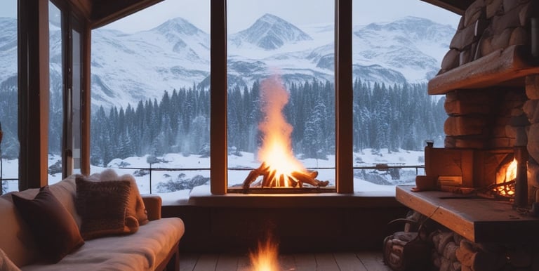 Cozy mountain chalet decorated for winter with snow-covered trees outside.