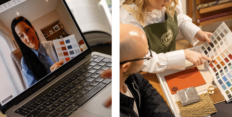 Professional interior designers using a laptop and paint swatches for a virtual home decor consultation.