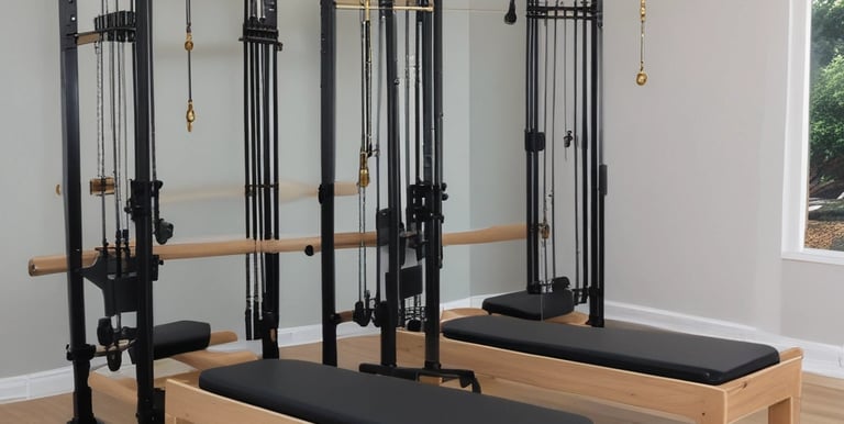 A gym setting featuring a variety of workout equipment. Resistance bands and TRX straps are hanging on the wall. Kettlebells in different colors are placed on a rack, and a box labeled 'Bulldog Gear' is situated against a gray brick wall. The floor is covered with black gym mats, and there's a wooden panel on the right side.