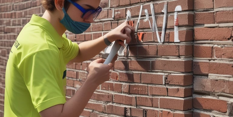 A construction worker wearing a hard hat and safety vest is applying a finish to a freshly laid concrete wall. The area is surrounded by muddy ground, and wooden and metal frameworks are visible. The background includes a brick wall and wooden boards.