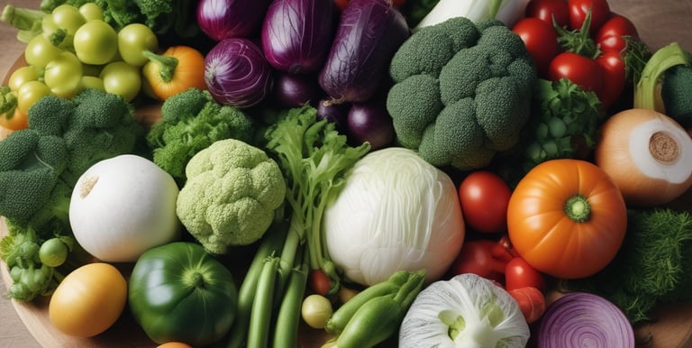 A collection of fresh vegetables including onions, carrots, celeriac, leeks, a leafy green vegetable, and a can of organic coconut milk are arranged on a patterned surface. The items are organized with some inside a cardboard box labeled 'Feel Good Farming' and others placed alongside a magazine feature.