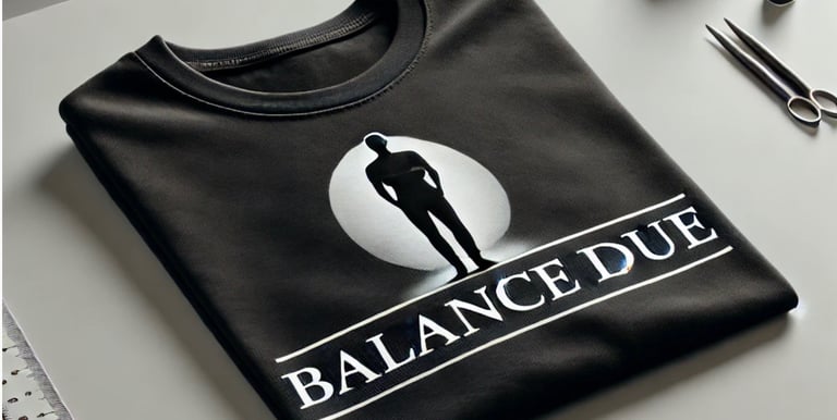 Black crewneck t-shirt with a Balance Due graphic logo featuring a silhouette in a white circle.