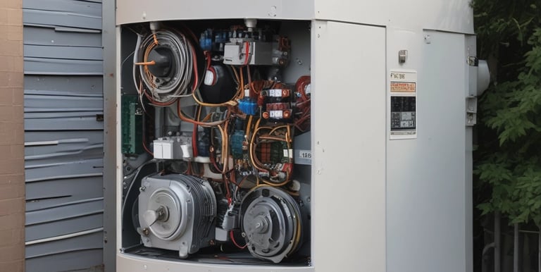A scene of urban devastation featuring a severely damaged multi-story building with broken windows and a charred facade. The surrounding area is littered with debris and a wrecked car is parked among the rubble. A large tree stands near the building, and a few people are seen walking along the street.