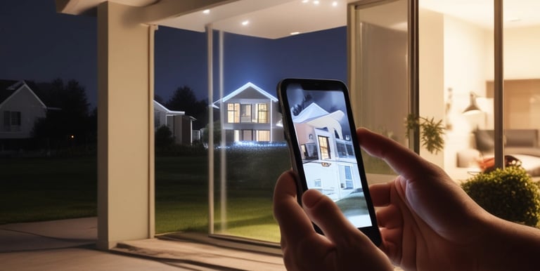 A cozy living room with smart lighting and devices.