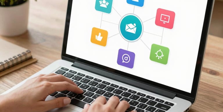 A focused virtual assistant working on a laptop with marketing charts on screen.