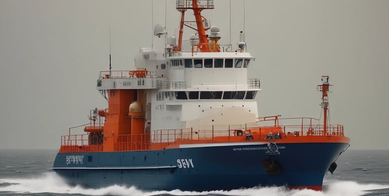 A sturdy offshore supply vessel navigating the calm blue waters near the Stabroek block at sunrise.