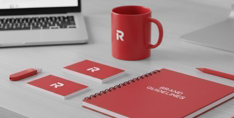 a desk with a laptop, notebook, and branding products