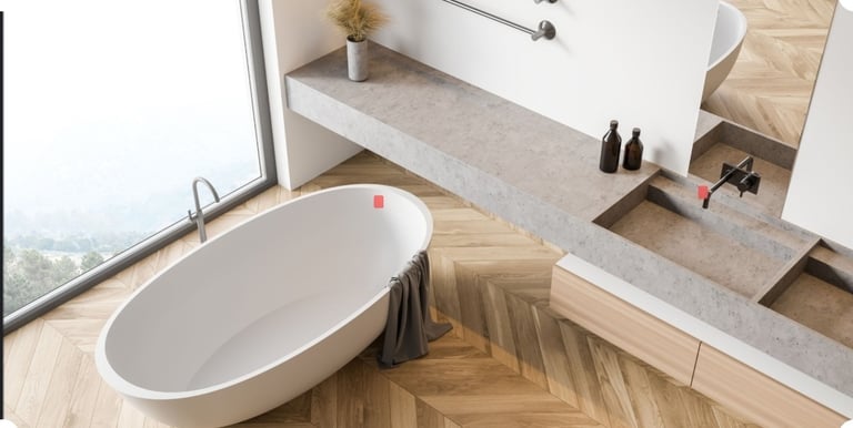 Vrijstaande bad, visgraat keramische parket 