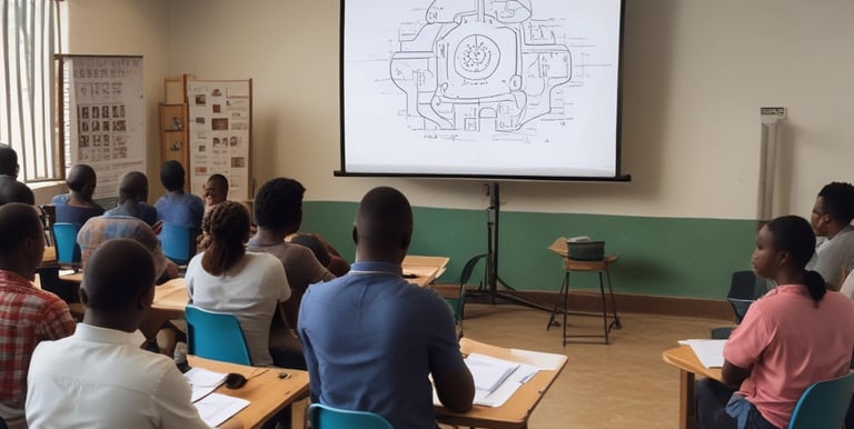A group of six people are seated around a wooden conference table, engaged in a team meeting. Each person has a laptop in front of them, with the central figure speaking and others listening attentively. The room has a modern appearance, with a whiteboard on the wall and a potted plant in the corner.