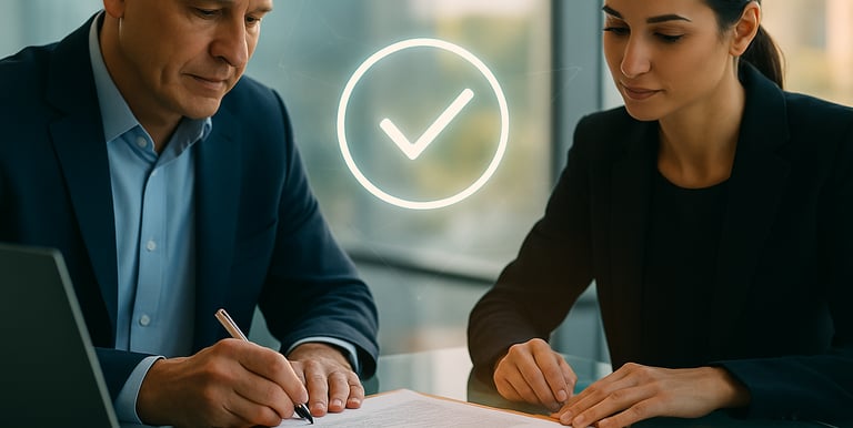 a man and woman sitting at a desk with a checklist talking about quality assurance in care