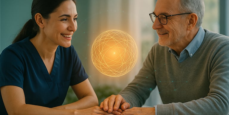 a man and woman sitting at a table with a light bulb talking about person centred care