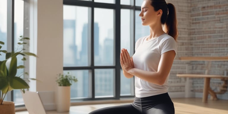 A woman is performing a seated side stretch on a yoga mat indoors, with her back facing the camera. Her hair is styled in two small buns, and she is wearing a dark t-shirt and leggings. A laptop displaying a yoga video is placed in front of her on the floor.