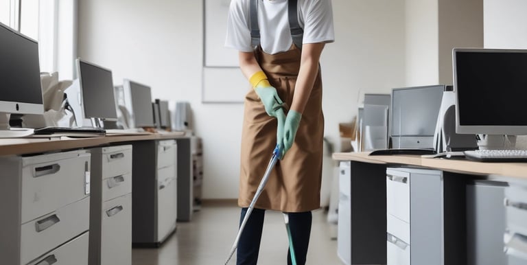 A professional cleaner using a vacuum in a modern office space.