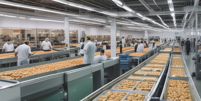 A factory setting with workers sorting appleson a conveyor belt. The space is well-lit with fluorescent lights and features industrial equipment. Workers are wearing protective clothing and hairnets.