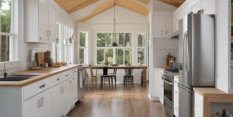 An interior view of a spacious, well-lit modular home with contemporary furnishings.