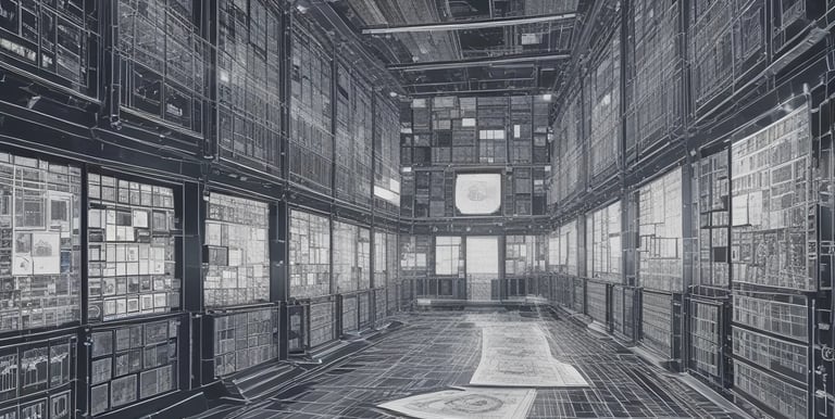 Large blue letters 'AI' stand prominently on a surface covered with a pattern of hexagonal shapes. Dark swirling lines intersect around the letters, creating a sense of motion and complexity. The background has a metallic sheen with a futuristic, digital style.