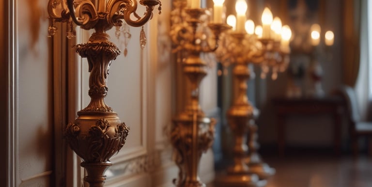 An elegant room featuring vintage furniture with ornate gold detailing, sheer white curtains draping from large windows, and a dark polished floor. A plush white settee and a similarly styled high-backed chair create a refined and luxurious ambiance. A small side table and a decorative console table complete the setting, adorned with delicate decor pieces.