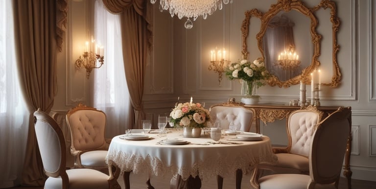 An antique shop interior featuring ornate chandeliers, intricately designed brass and silver items, and elegant wooden furniture. Framed paintings with gold accents are displayed on the walls, and the overall ambiance suggests a vintage, opulent style. The room is filled with a variety of decorative items, including vases and mirrored surfaces, showcasing a rich collection of classic decor.