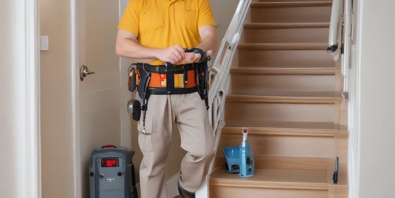 An indoor staircase view with two people visible at the top, both wearing face masks. The ceiling is illuminated with modern LED lights, and there's a green emergency exit sign. The stairs are bordered by sleek metal railings, creating a modern architectural feel.