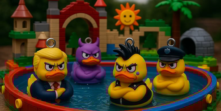 a group of rubber ducklings in a toy pool
