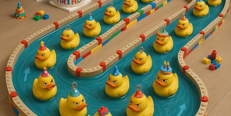 a birthday cake with rubber ducklings in a toy - like shape