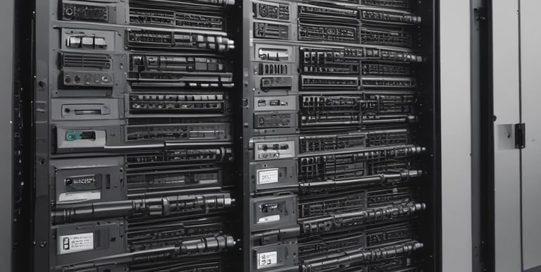 A hand holding a thermal scanner is pointed towards a rack of computer servers. The servers are illuminated with blue LED lights, giving a technological and futuristic feel.
