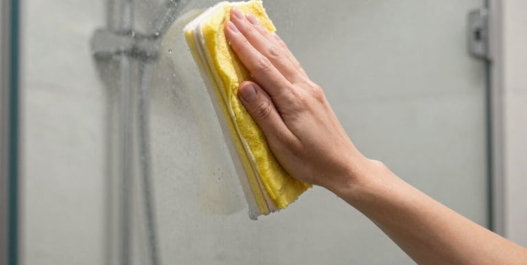 A professional cleaner carefully wiping down a kitchen countertop with a bright smile.