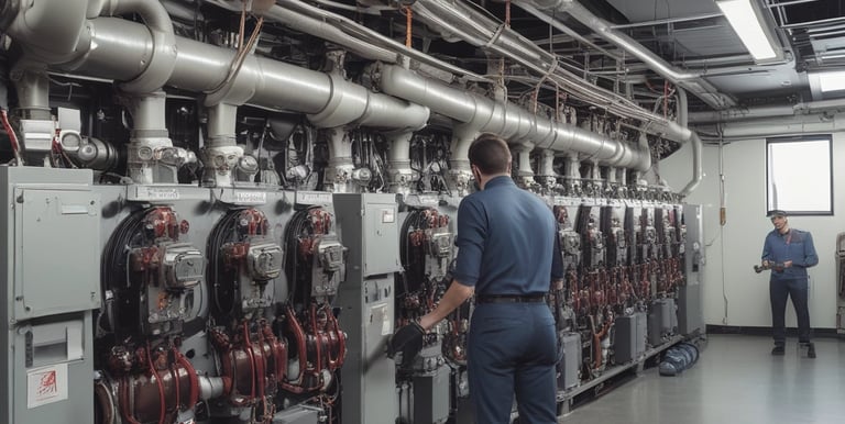 Close-up of a commercial building inspection with safety gear.