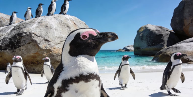 African penguins on Boulders Beach near Cape Town with turquoise water and granite boulders.