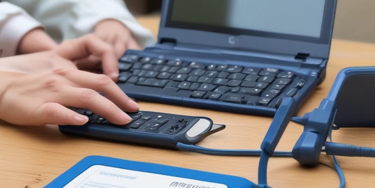 Close-up of hands typing on a laptop keyboard with a blue and orange background.
