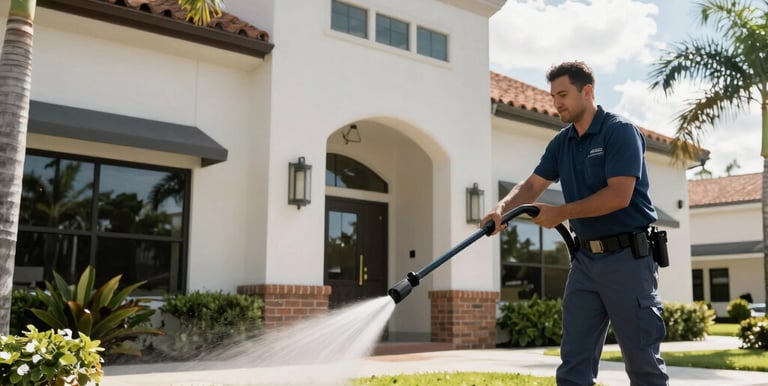 A pressure washing team cleaning a large building exterior with water jets on a sunny day.