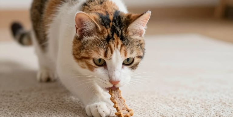 Un gato carey comiendo una golosina crujiente para gatos sobre una alfombra beige.
