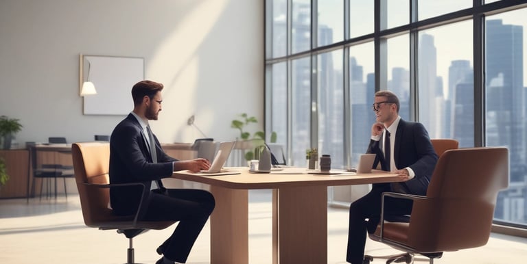 Professional meeting between Asian investors and ho group inc. advisors in a sleek, navy-accented office.