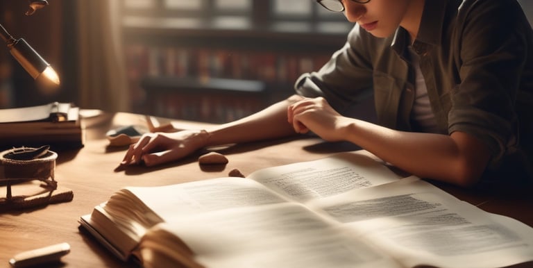 A group of people engaged in a theological study session with books and laptops.