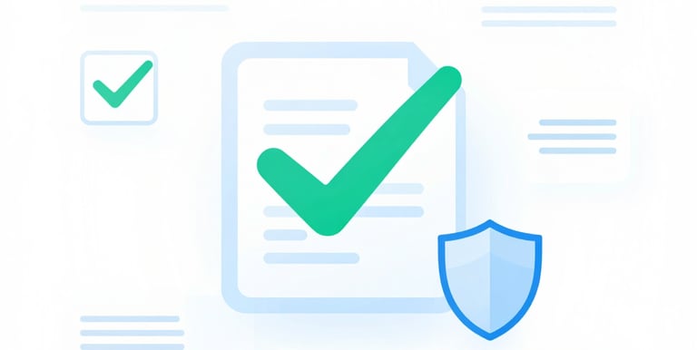 Digital document icon with a green checkmark and security shield representing verified data privacy.