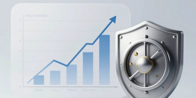Secure investment shield and safe vault icon protecting a rising financial growth chart.