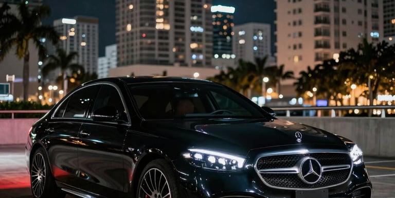A sleek black luxury sedan parked in front of a modern Miami high-rise at sunset.