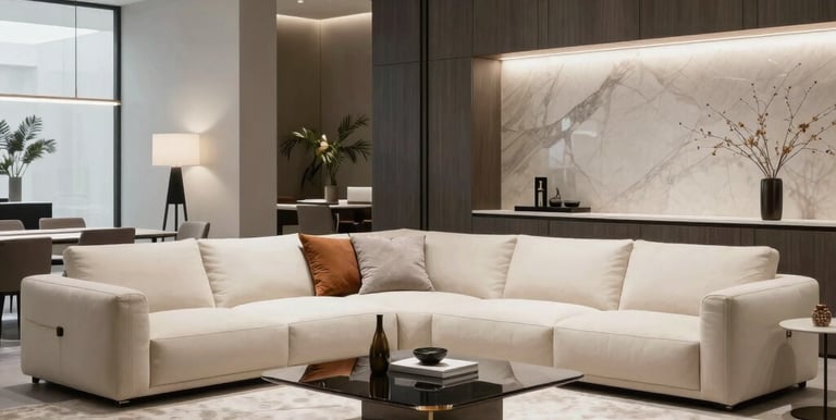 A cozy living room featuring minimalist, high-quality furniture with warm natural light.
