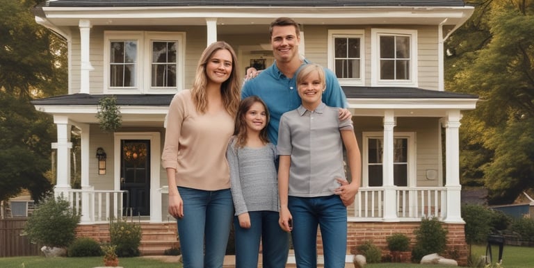 A happy family standing outside their new home, smiling and holding keys.