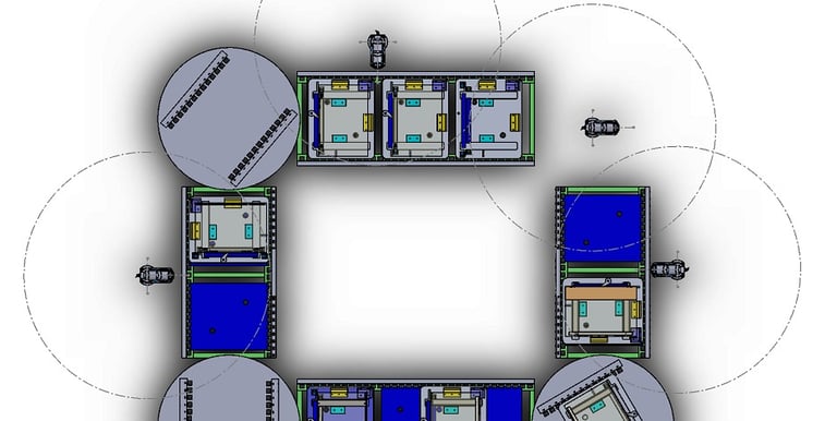 Vista superior concepto de celula de enesamble con COBOTS (OEM)