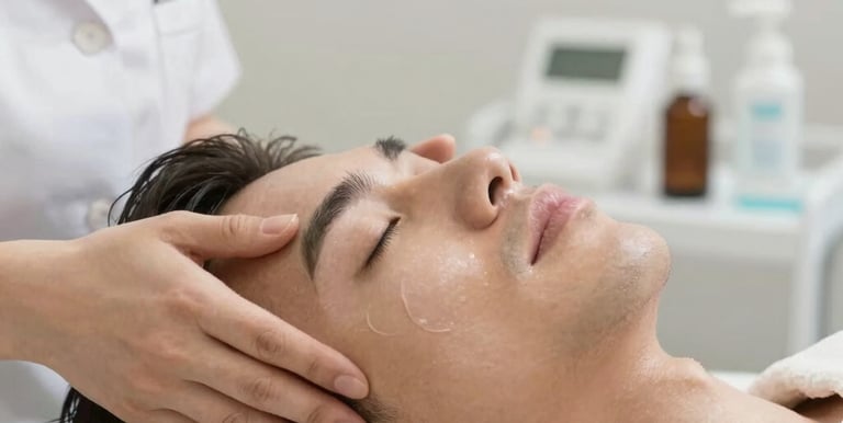Elegant spa treatment room with soft pink and beige tones, featuring plush chairs and gentle lighting.